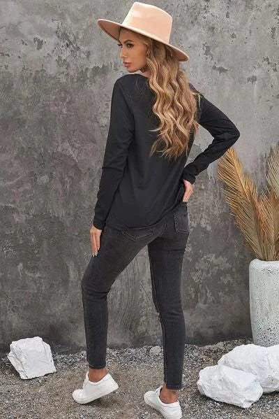 Letter Graphic Notched Long Sleeve T-Shirt Women's T-Shirts - Tophatter Daily Deals