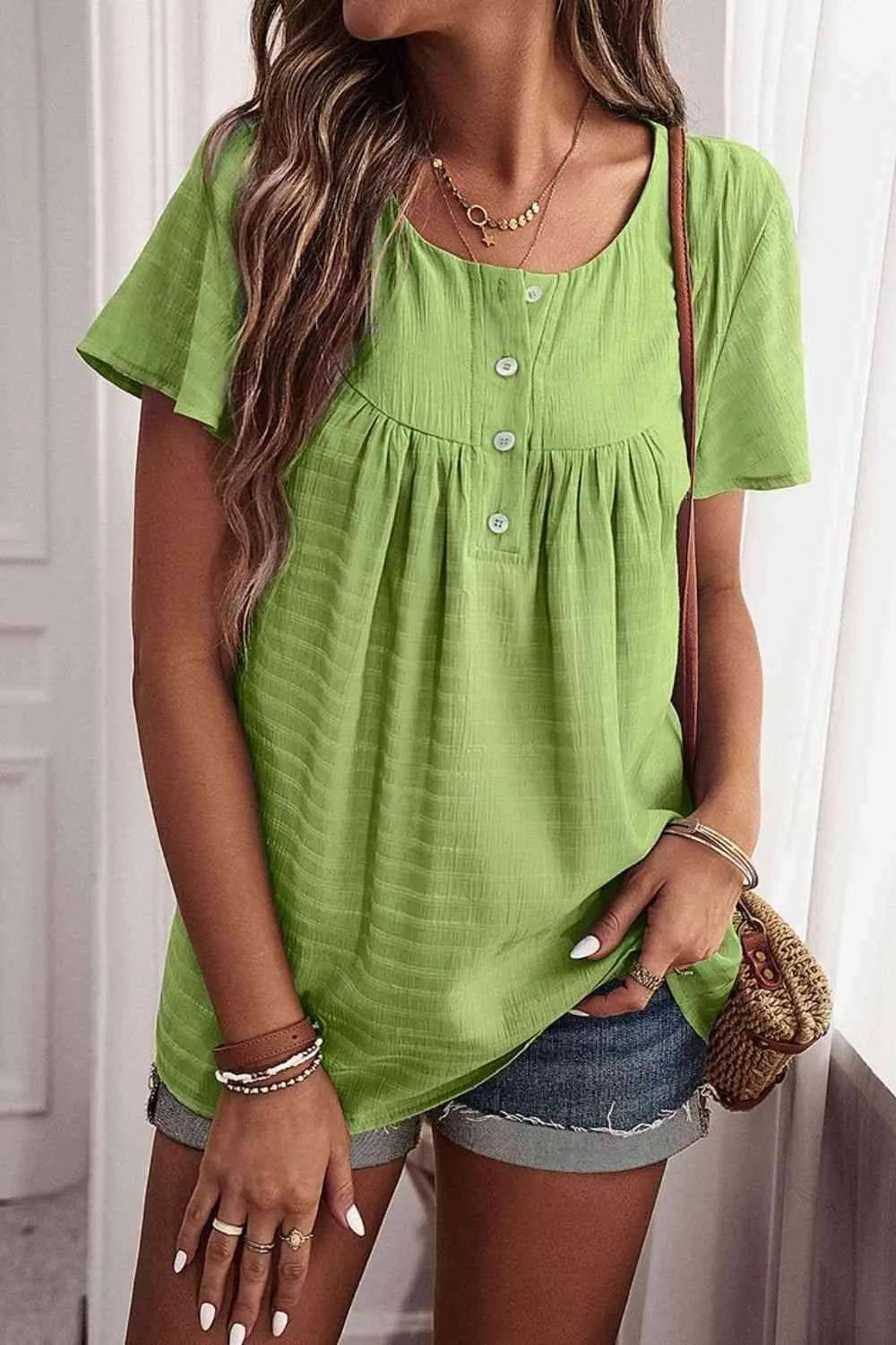 Quarter-Button Round Neck Short Sleeve Top Blouses - Tophatter Daily Deals