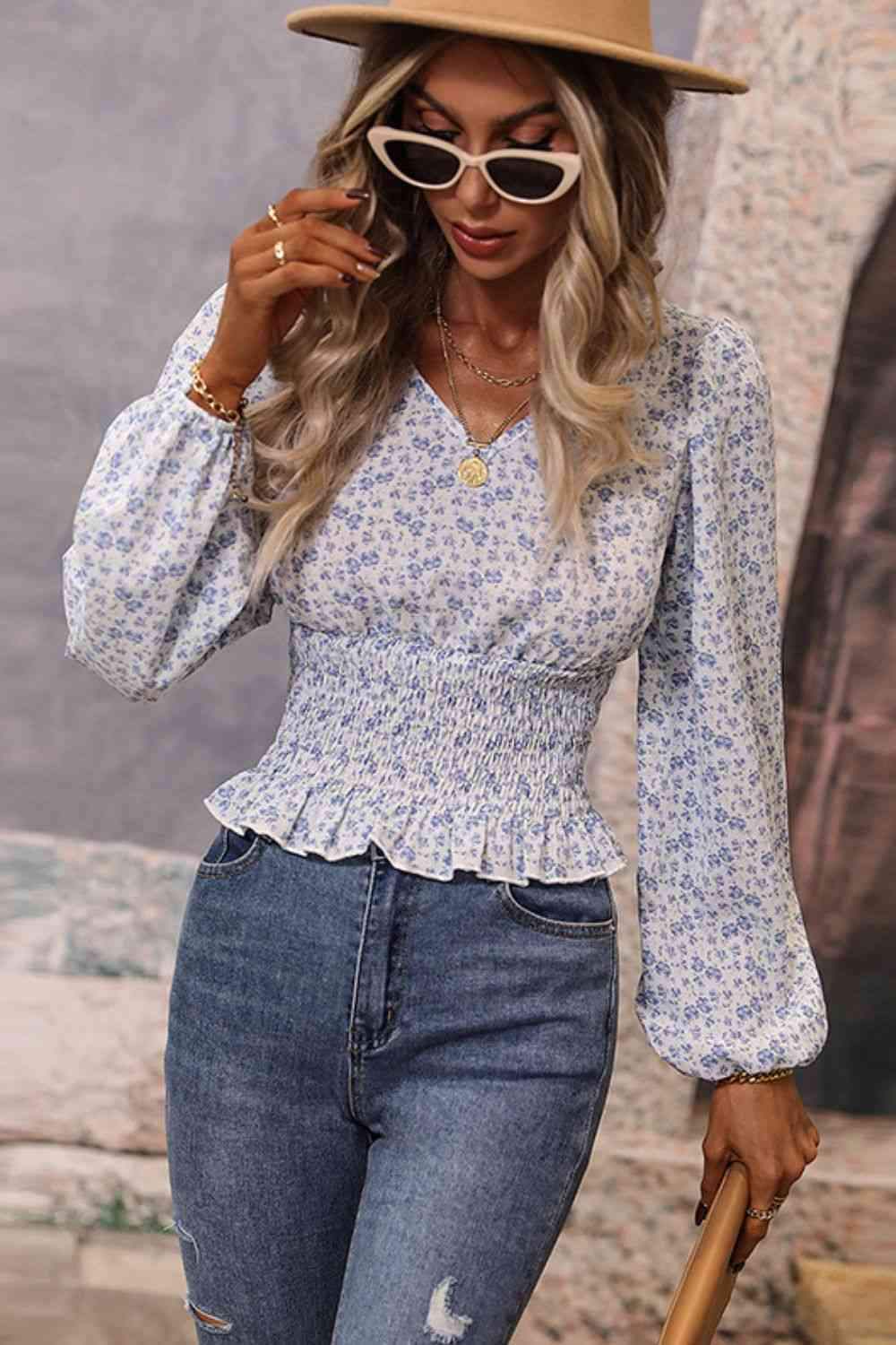 Floral V-Neck Smocked Balloon Sleeve Blouse Blouses - Tophatter Daily Deals