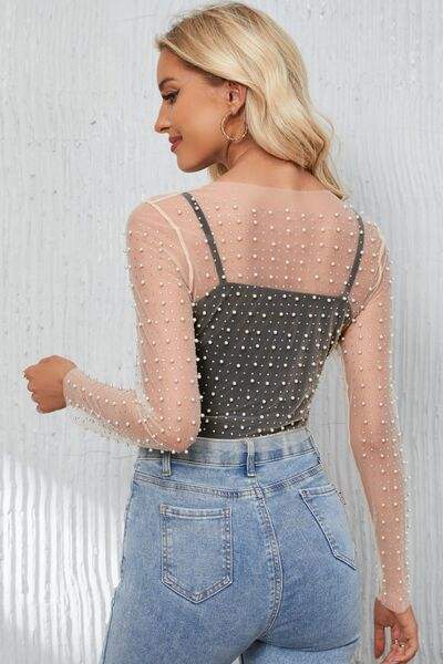 Pearl Long Sleeve Mesh Cropped Top Blouses - Tophatter Daily Deals