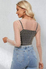Pearl Long Sleeve Mesh Cropped Top Blouses - Tophatter Daily Deals