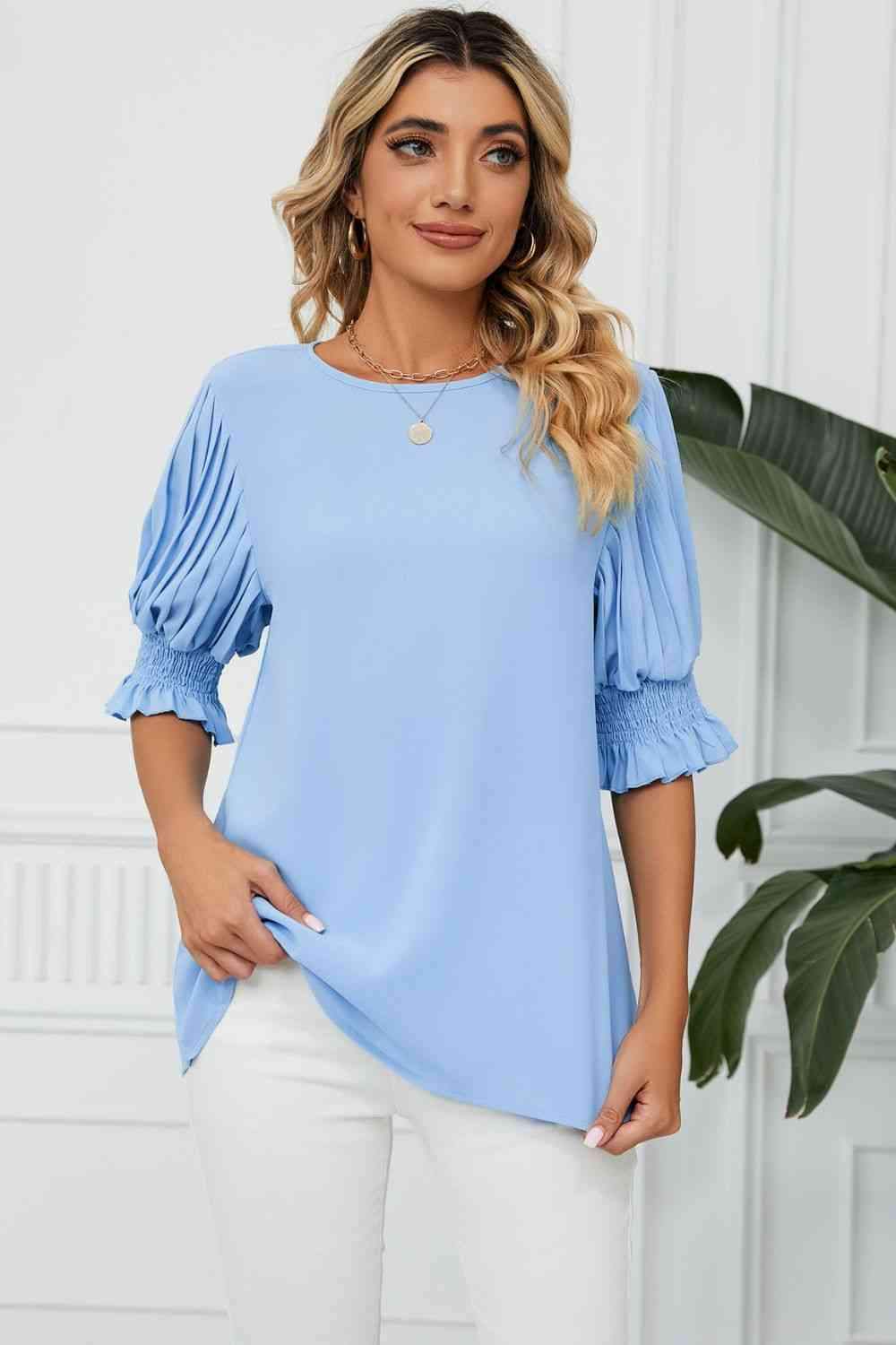 Pleated Flounce Sleeve Keyhole Blouse Blue Blouses - Tophatter Daily Deals