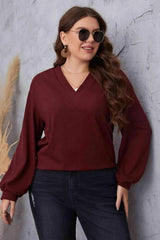 Melo Apparel Plus Size V-Neck Dropped Shoulder Blouse Wine Blouses - Tophatter Daily Deals
