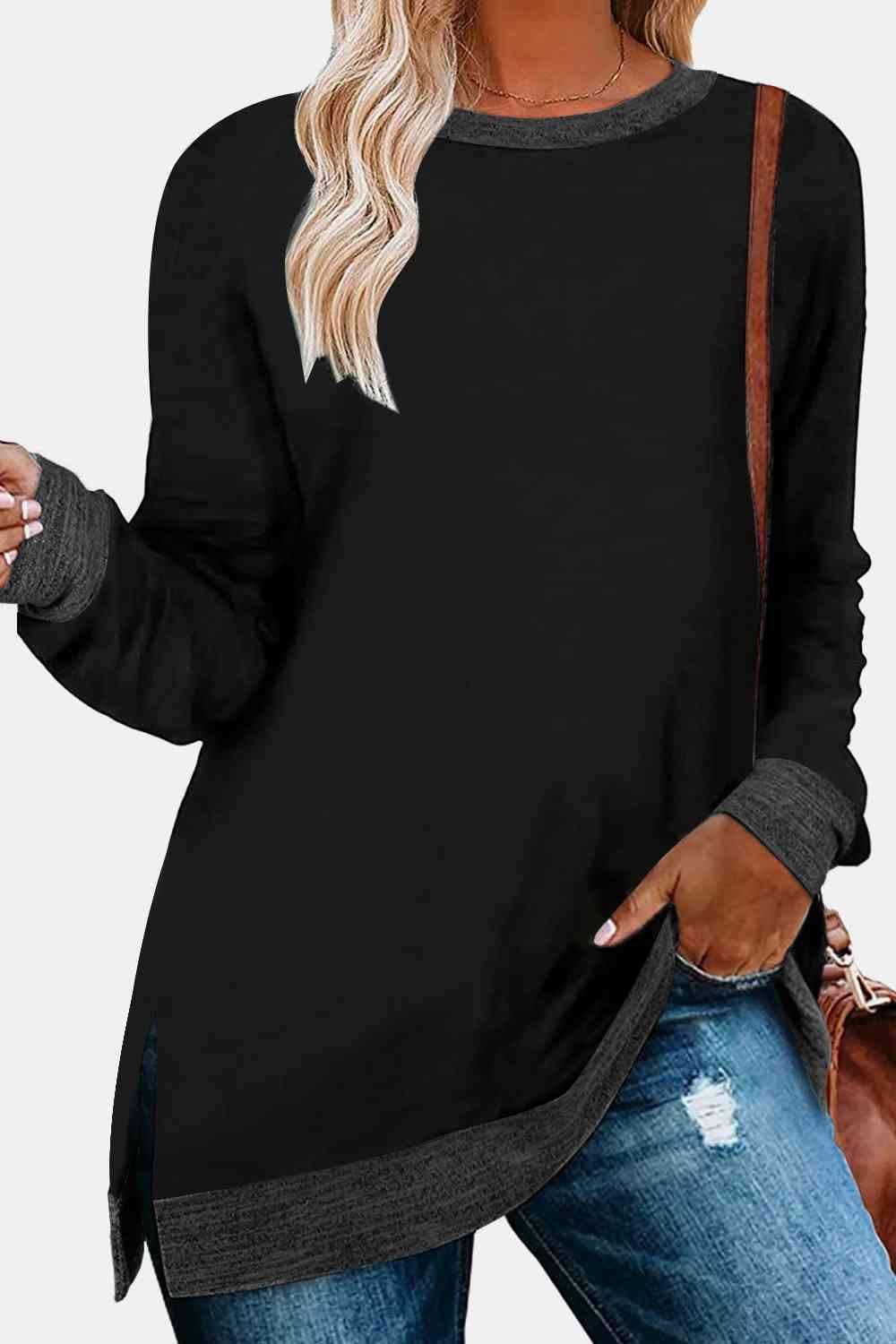 Round Neck Long Sleeve Slit T-Shirt Black Women's T-Shirts - Tophatter Daily Deals