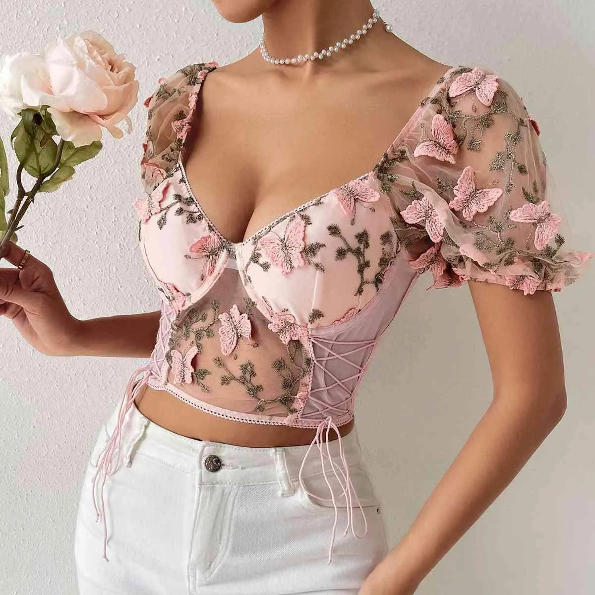 Embroidery Sweetheart Neck Short Sleeve Lace Trim Blouse Blouses - Tophatter Daily Deals