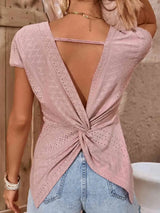 Twisted Open Back Eyelet Top Blouses - Tophatter Daily Deals