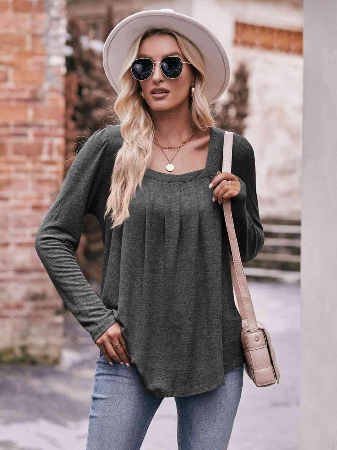 Double Take Pleated Detail Curved Hem Long Sleeve Top Charcoal Blouses - Tophatter Daily Deals