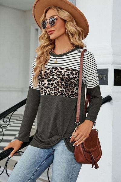 Leopard Striped Round Neck T-Shirt Women's T-Shirts - Tophatter Daily Deals