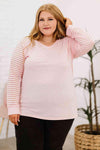 Plus Size Sheer Striped Sleeve V-Neck Top Pink Women's T-Shirts - Tophatter Daily Deals