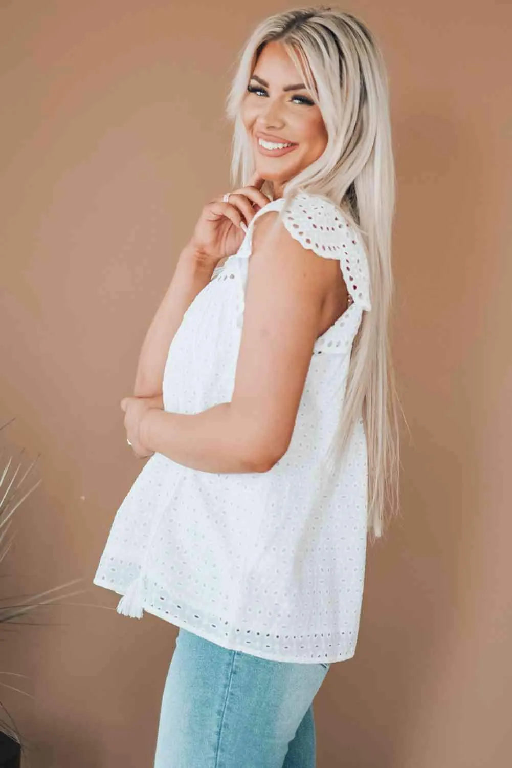 Eyelet Tassel Tie Flutter Sleeve Top Blouses - Tophatter Daily Deals