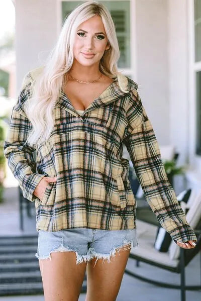 Plaid Long Sleeve Buttoned Hoodie Chartreuse Blouses - Tophatter Daily Deals