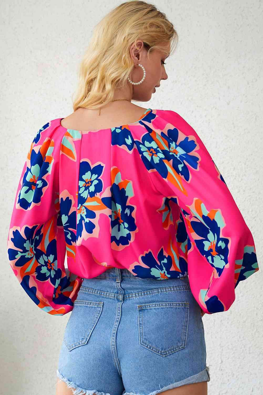 Floral Print V-Neck Lantern Sleeve Blouse Blouses - Tophatter Daily Deals