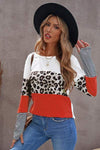 Waffle-Knit Leopard Round Neck Long Sleeve T-Shirt Red Orange Women's T-Shirts - Tophatter Daily Deals