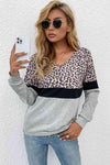 Leopard Color Block V-Neck Long Sleeve Top Blouses - Tophatter Daily Deals