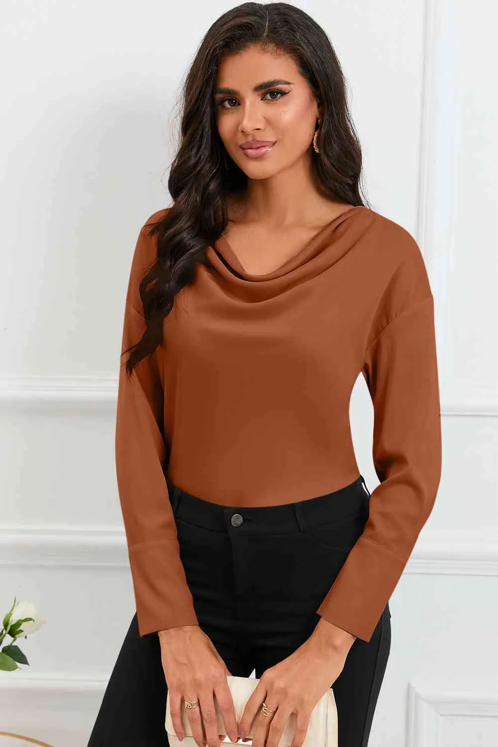 Cowl Neck Dropped Shoulder Long Sleeve Back Tie Blouse Blouses - Tophatter Daily Deals