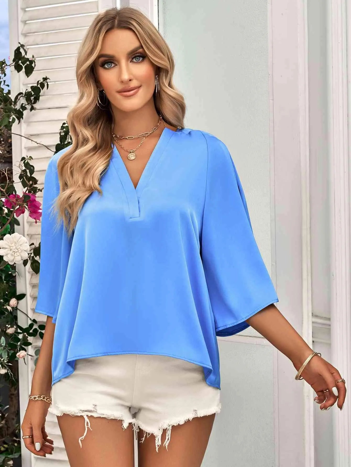 Three-Quarter Flare Sleeve V-Neck Blouse Sky Blue Blouses - Tophatter Daily Deals