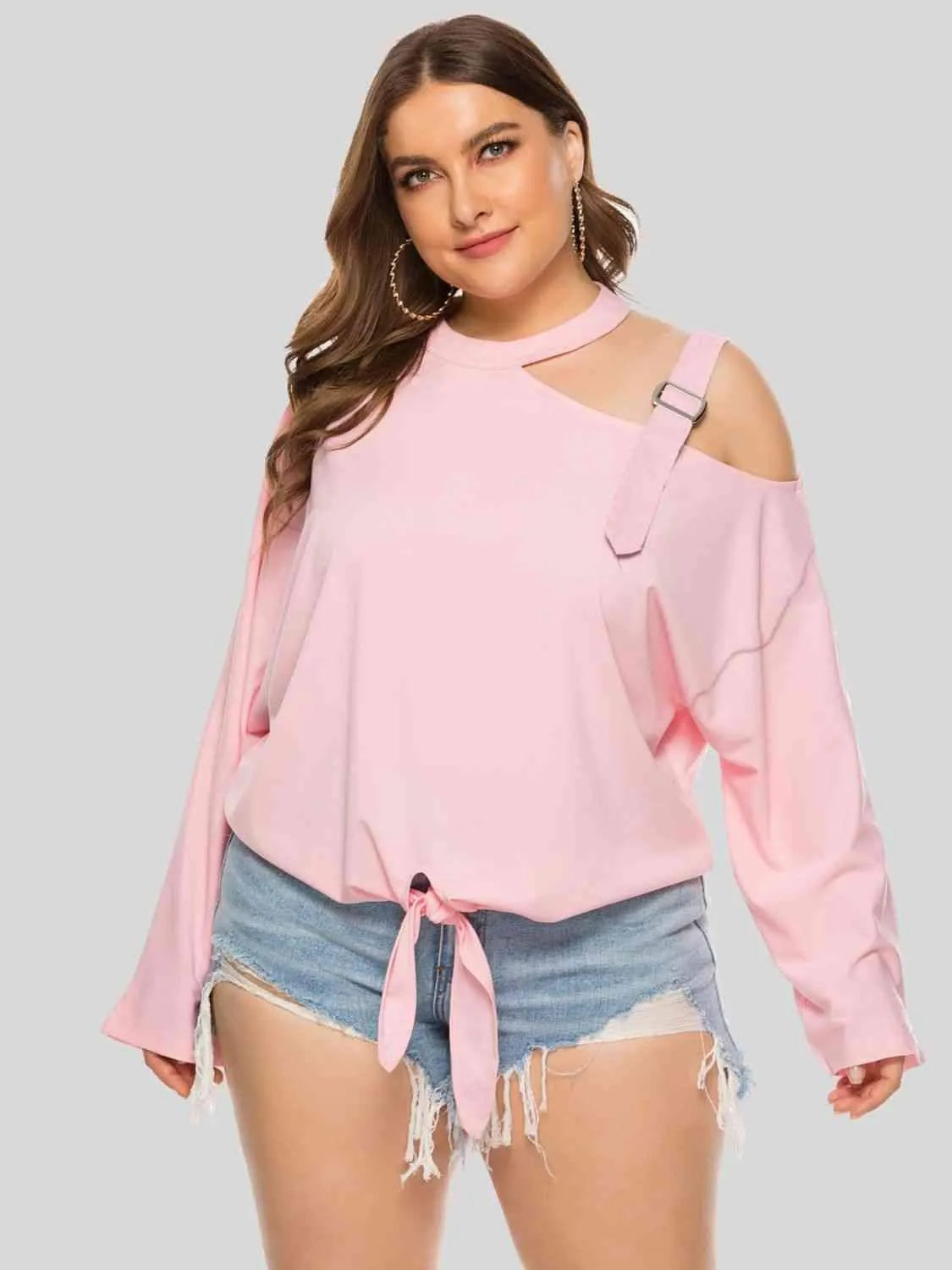 Plus Size Cold-Shoulder Tied Top Blush Pink Blouses - Tophatter Daily Deals