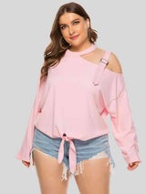 Plus Size Cold-Shoulder Tied Top Blush Pink Blouses - Tophatter Daily Deals