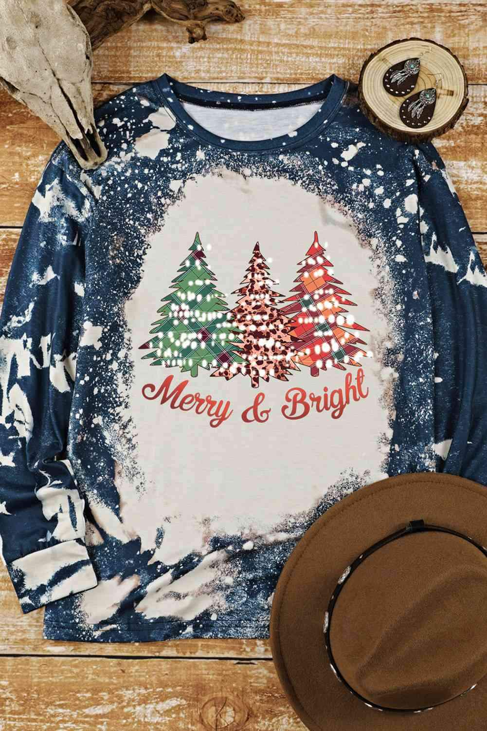 MERRY & BRIGHT Graphic Long Sleeve Top Women's T-Shirts - Tophatter Daily Deals