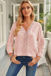 Swiss Dot Three-Quarter Sleeve Spliced Lace Blouse Pink S Blouses - Tophatter Daily Deals