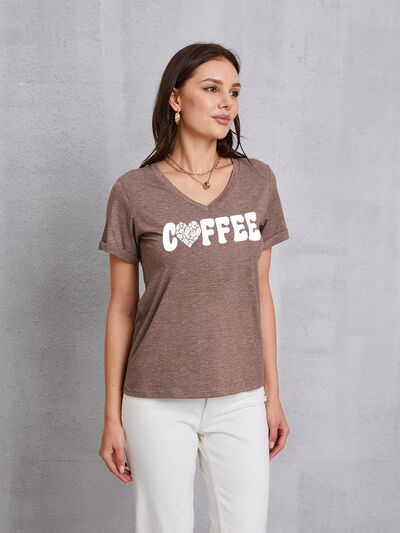 COFFEE V-Neck Short Sleeve T-Shirt Mocha Women's T-Shirts - Tophatter Daily Deals