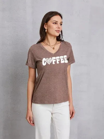 COFFEE V-Neck Short Sleeve T-Shirt Mocha Women's T-Shirts - Tophatter Daily Deals