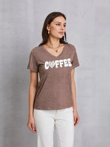 COFFEE V-Neck Short Sleeve T-Shirt Mocha Women's T-Shirts - Tophatter Daily Deals