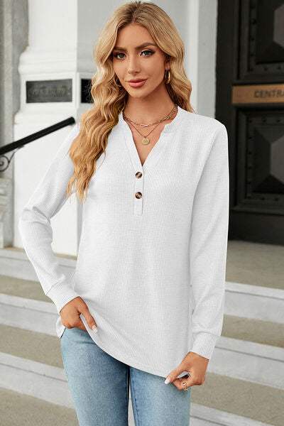 Waffle-Knit Notched Long Sleeve T-Shirt White Women's T-Shirts - Tophatter Daily Deals