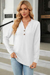 Waffle-Knit Notched Long Sleeve T-Shirt White Women's T-Shirts - Tophatter Daily Deals