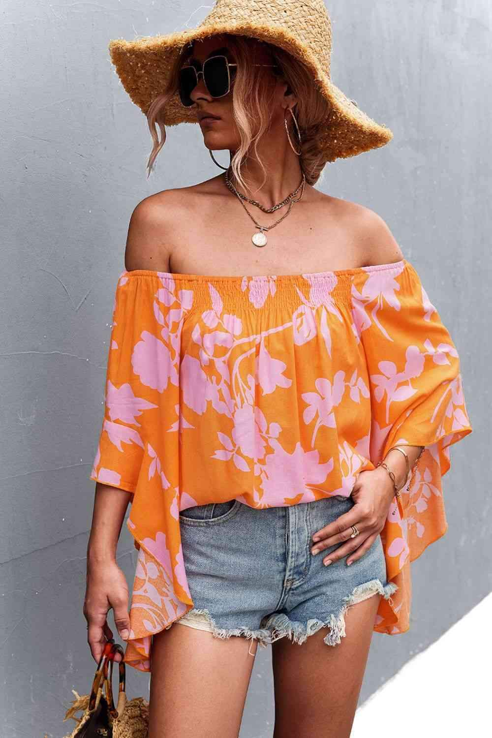 Floral Bell Sleeve Off-Shoulder Blouse Orange Blouses - Tophatter Daily Deals