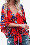 Printed Deep V Tie Hem Blouse Deep Red Blouses - Tophatter Daily Deals