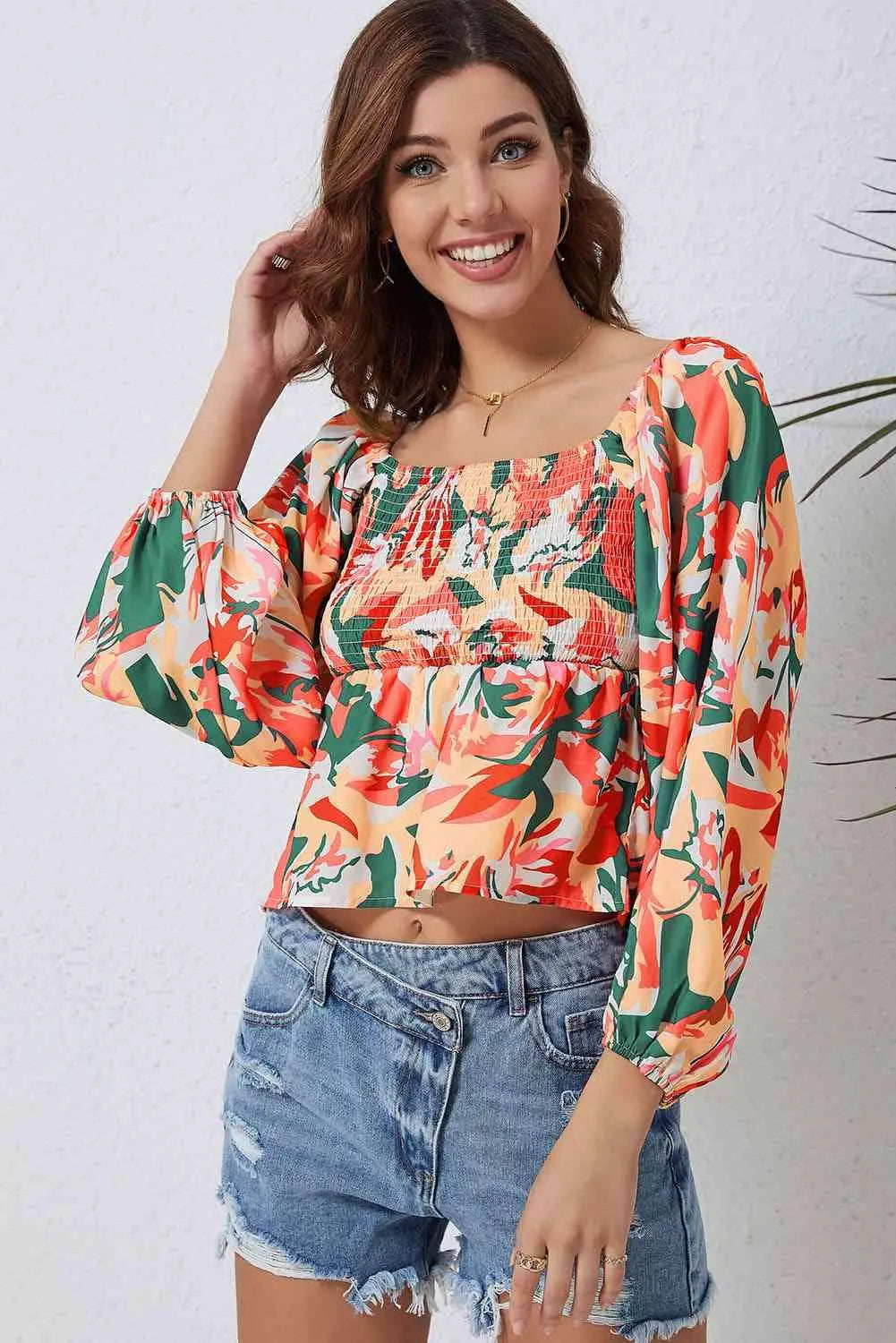 Multicolored Square Neck Smocked Babydoll Blouse Multicolor Blouses - Tophatter Daily Deals