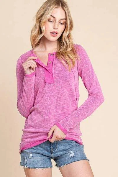Reborn J Contrast Trim Half Button Long Sleeve T-Shirt Women's T-Shirts - Tophatter Daily Deals
