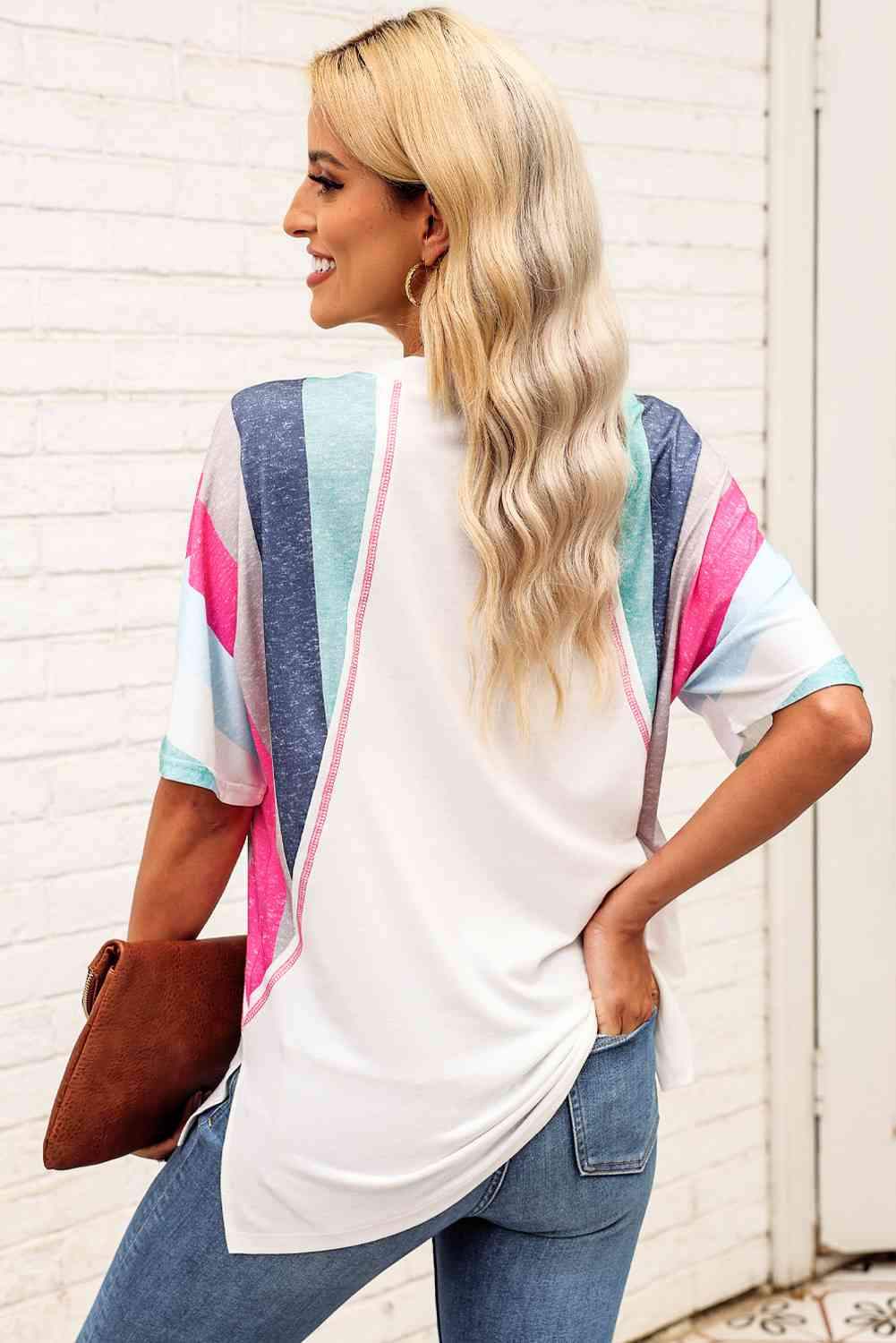 Rainbow Stripe Slit V-Neck Tee Women's T-Shirts - Tophatter Daily Deals