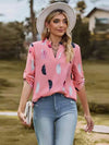 Printed Roll-Tab Sleeve Notched Neck Blouse Burnt Coral Blouses - Tophatter Daily Deals