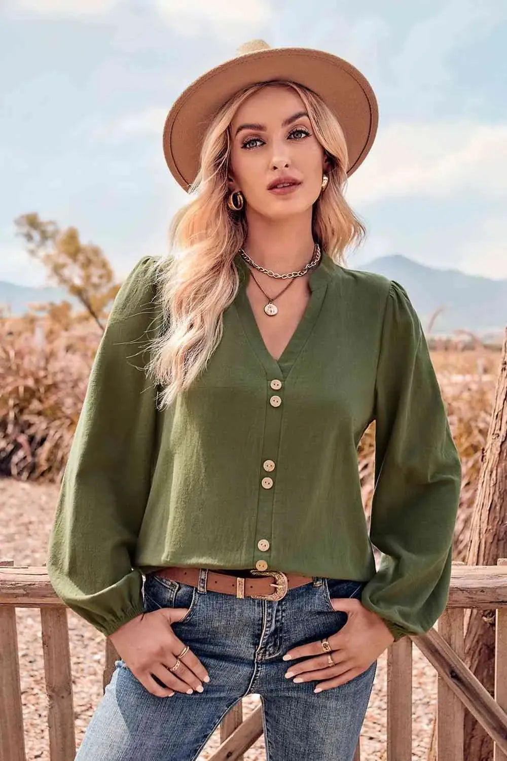 V-Neck Balloon Sleeve Button-Up Blouse Blouses - Tophatter Daily Deals