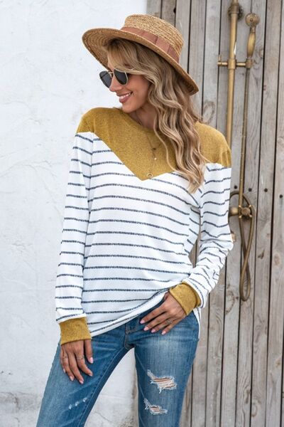 Striped Round Neck Long Sleeve T-Shirt Women's T-Shirts - Tophatter Daily Deals