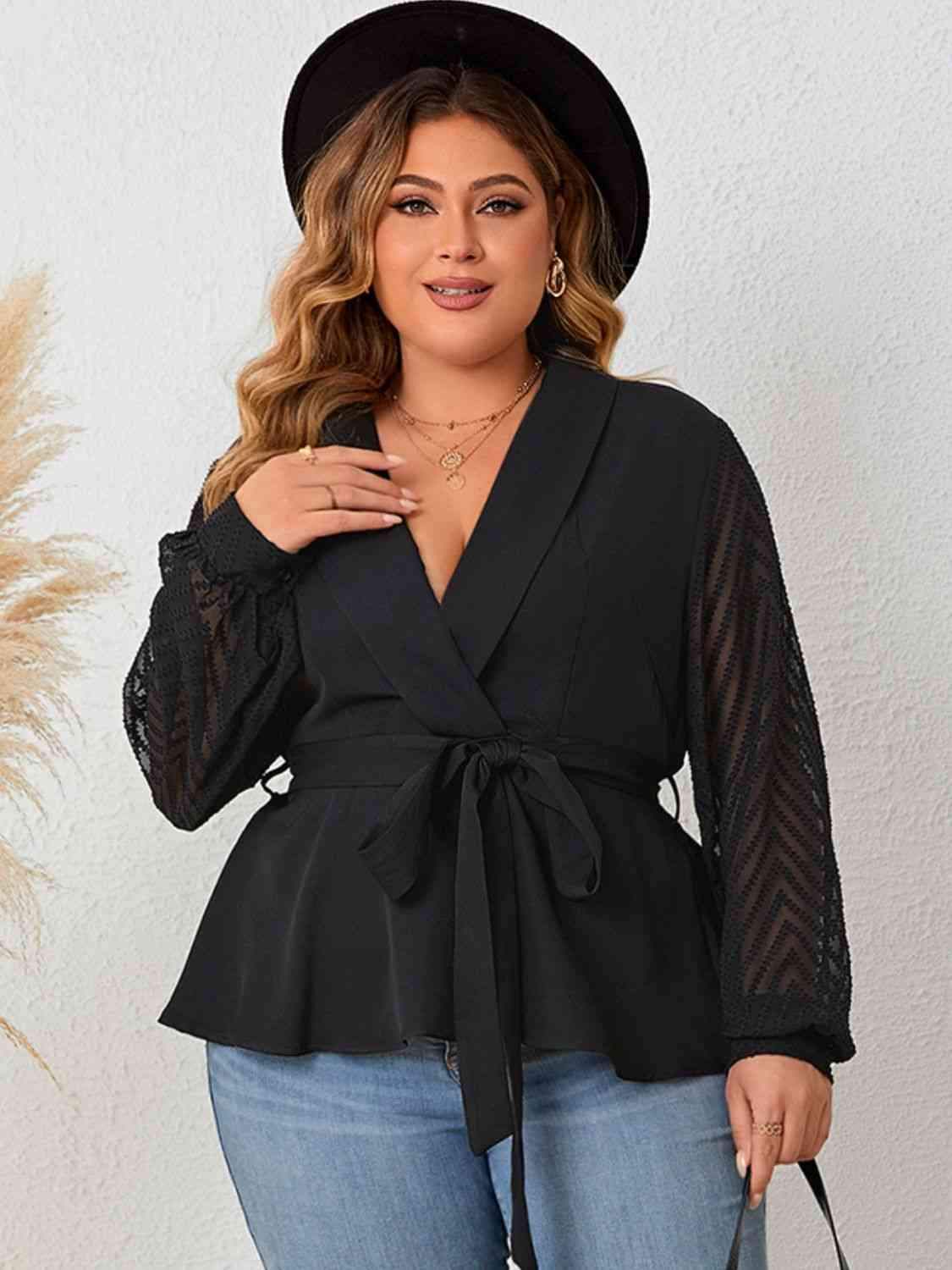 Plus Size Tie Waist Long Sleeve Blouse Black Blouses - Tophatter Daily Deals