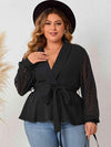 Plus Size Tie Waist Long Sleeve Blouse Black Blouses - Tophatter Daily Deals