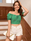 Printed Sweetheart Neck Drawstring Cropped Top Blouses - Tophatter Daily Deals