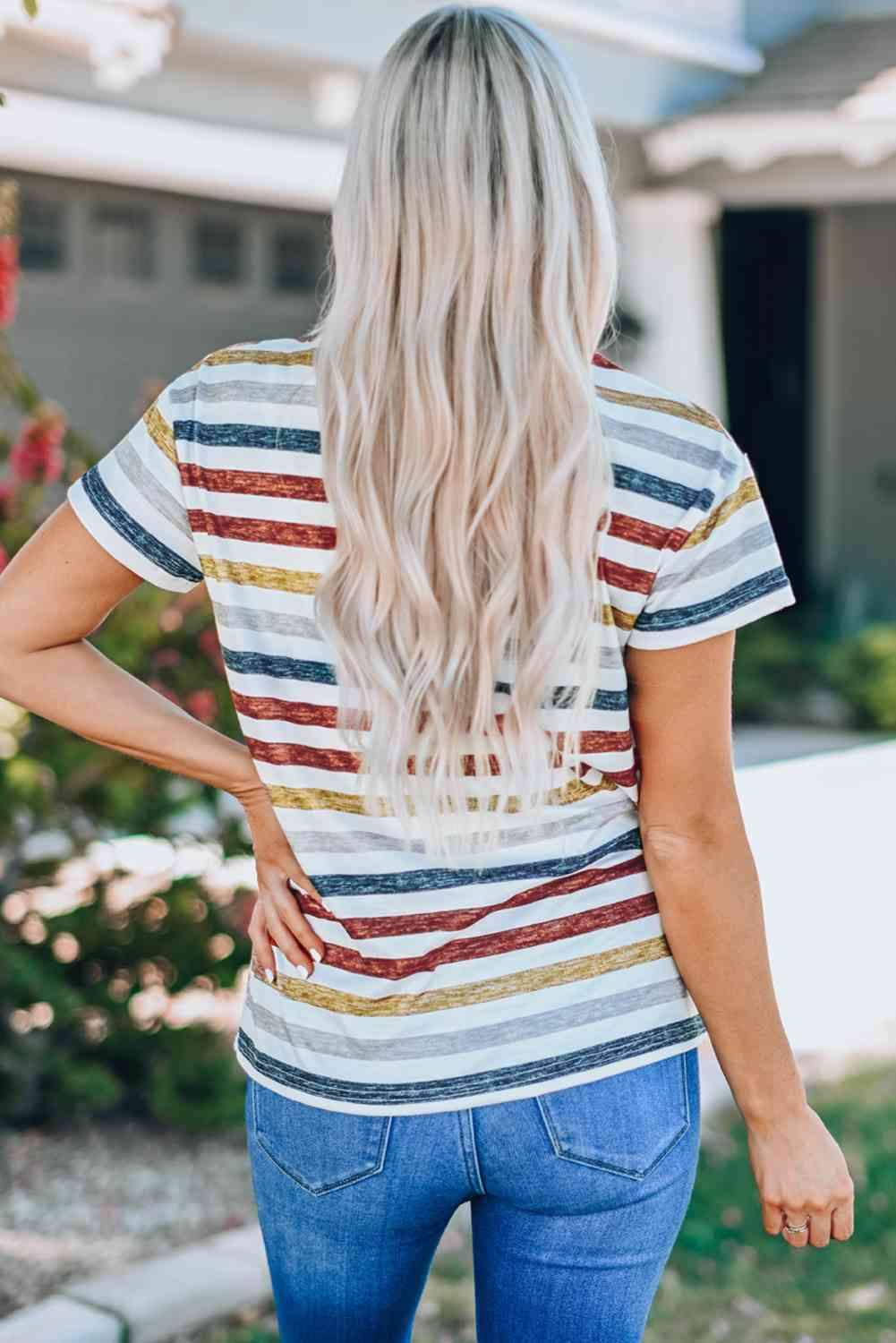 Striped V-Neck Short Sleeve Tee Women's T-Shirts - Tophatter Daily Deals