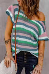 Striped Short Flutter Sleeve Knit Top Blouses - Tophatter Daily Deals