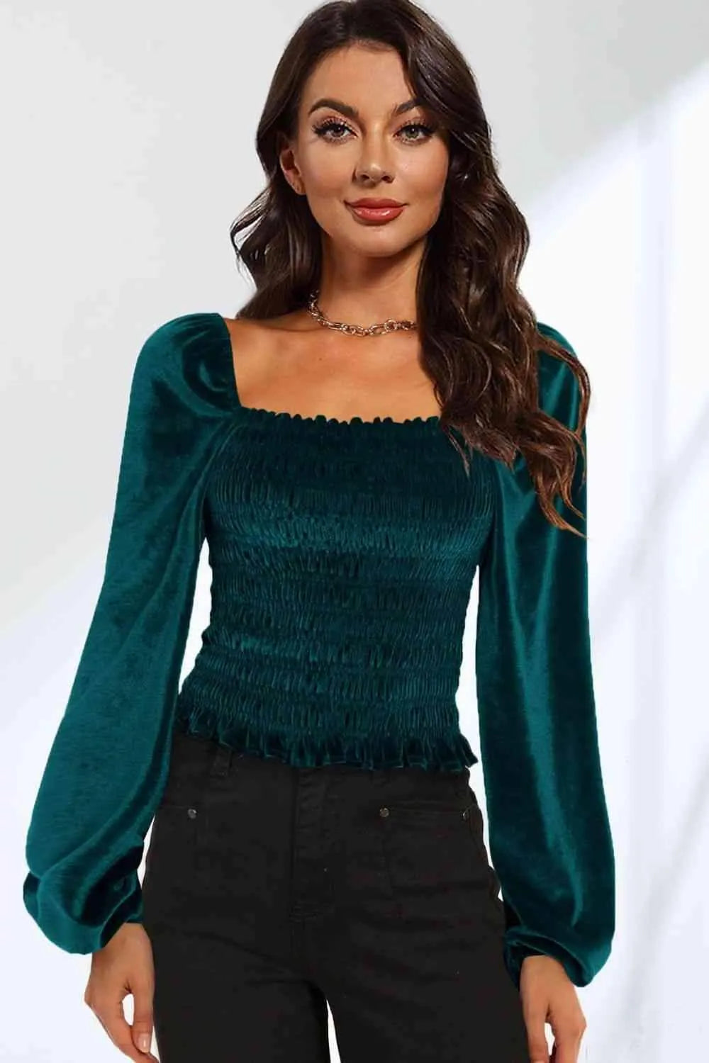 Double Take Smocked Square Neck Long Sleeve Blouse Deep Teal Blouses - Tophatter Daily Deals