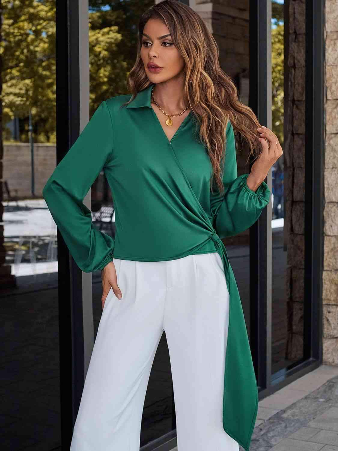 Surplice Neck Long Sleeve Blouse Green Blouses - Tophatter Daily Deals