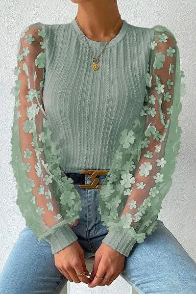 Double Take Textured Applique Long Sleeve Blouse Sage Blouses - Tophatter Daily Deals