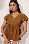 Button Front Flutter Sleeve Babydoll Blouse Blouses - Tophatter Daily Deals