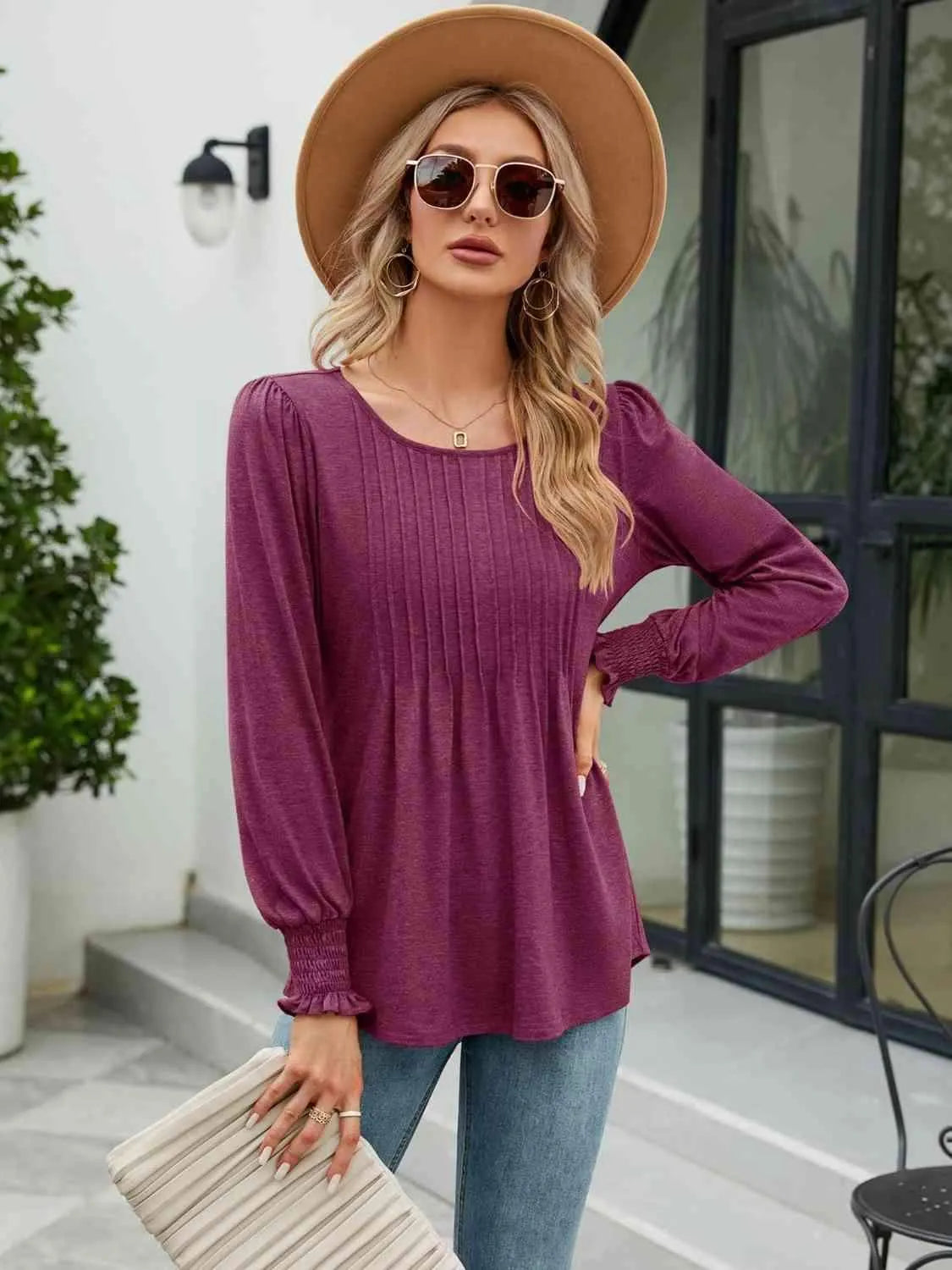 Smocked Round Neck Lantern Sleeve Blouse Cerise Blouses - Tophatter Daily Deals