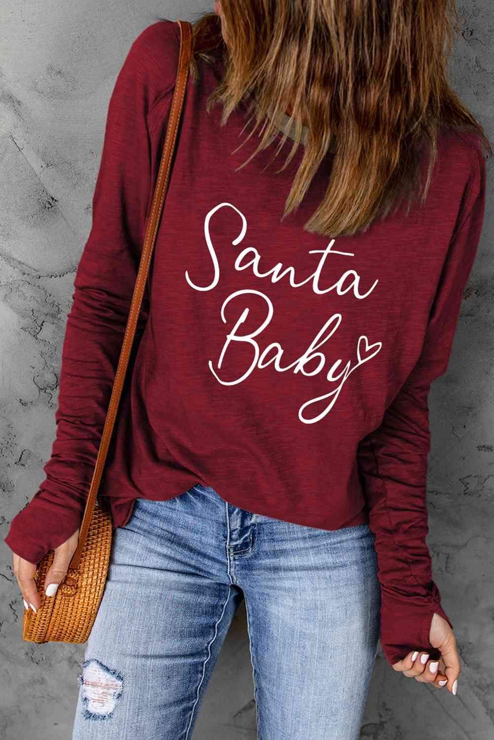 SANTA BABY Graphic Long Sleeve T-Shirt Wine Women's T-Shirts - Tophatter Daily Deals