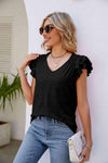 Smocked Flutter Sleeve V-Neck Top Black Blouses - Tophatter Daily Deals