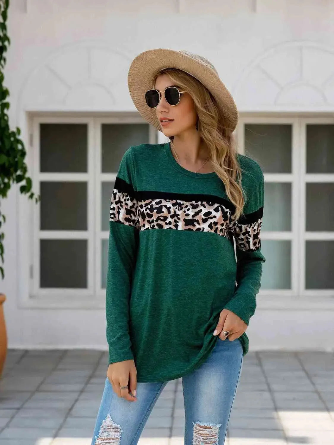 Leopard Round Neck Long Sleeve T-Shirt Women's T-Shirts - Tophatter Daily Deals
